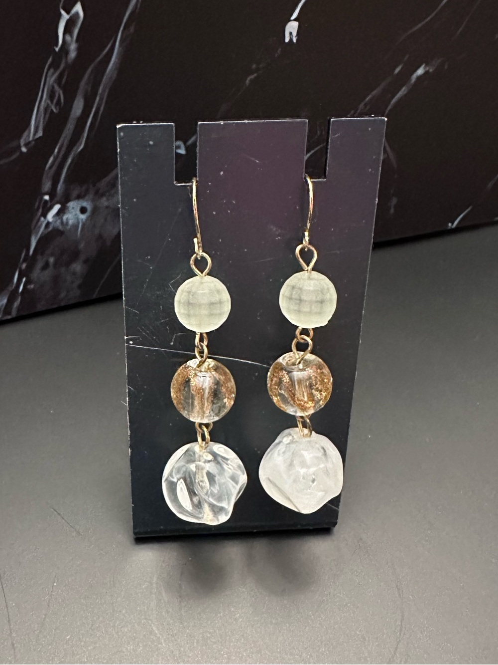 Gold Tone Acrylic Bead Drop Earrings Clear & Champagne Statement Dangles